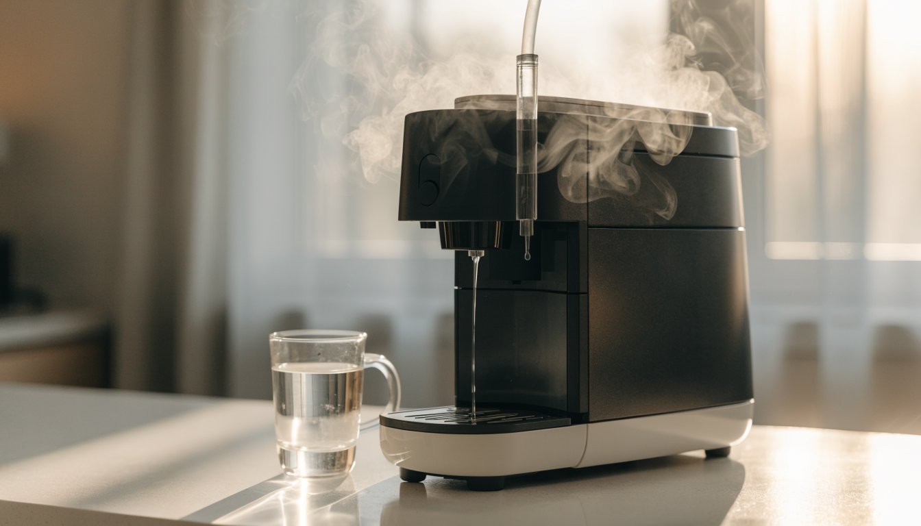 Descaling a single-serve pod coffee machine on a clean kitchen counter