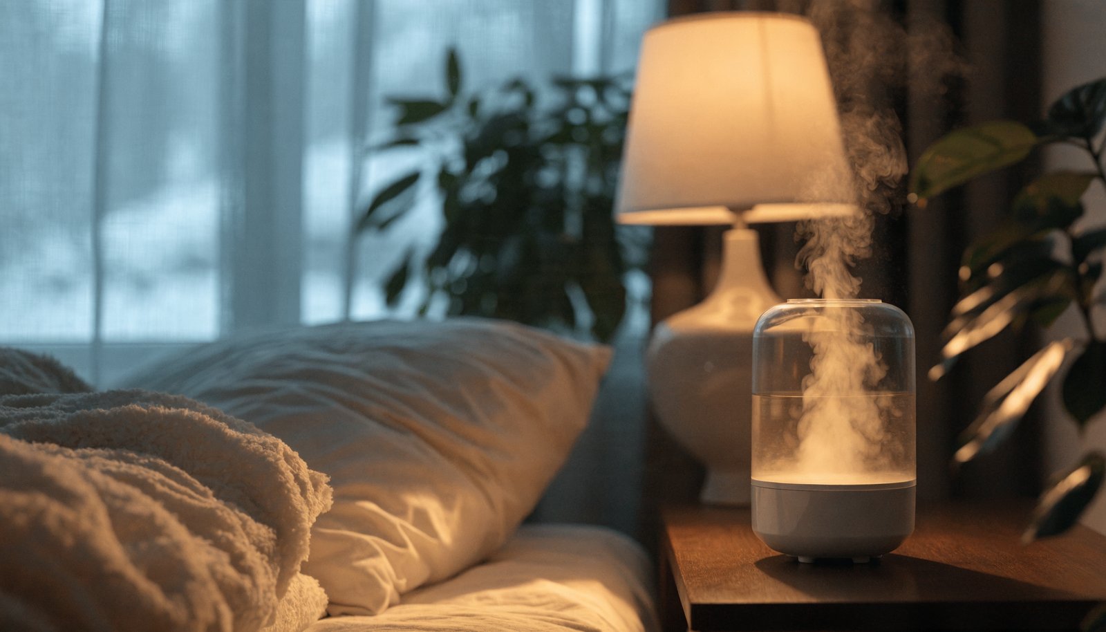 Modern humidifier releasing soft mist in a cozy winter bedroom at night