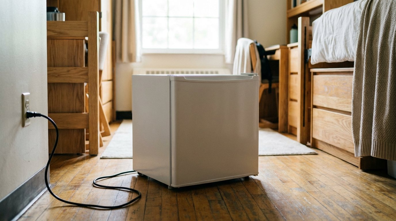 A small unbranded white mini-fridge in a dorm room with its power cord plugged into a wall outlet