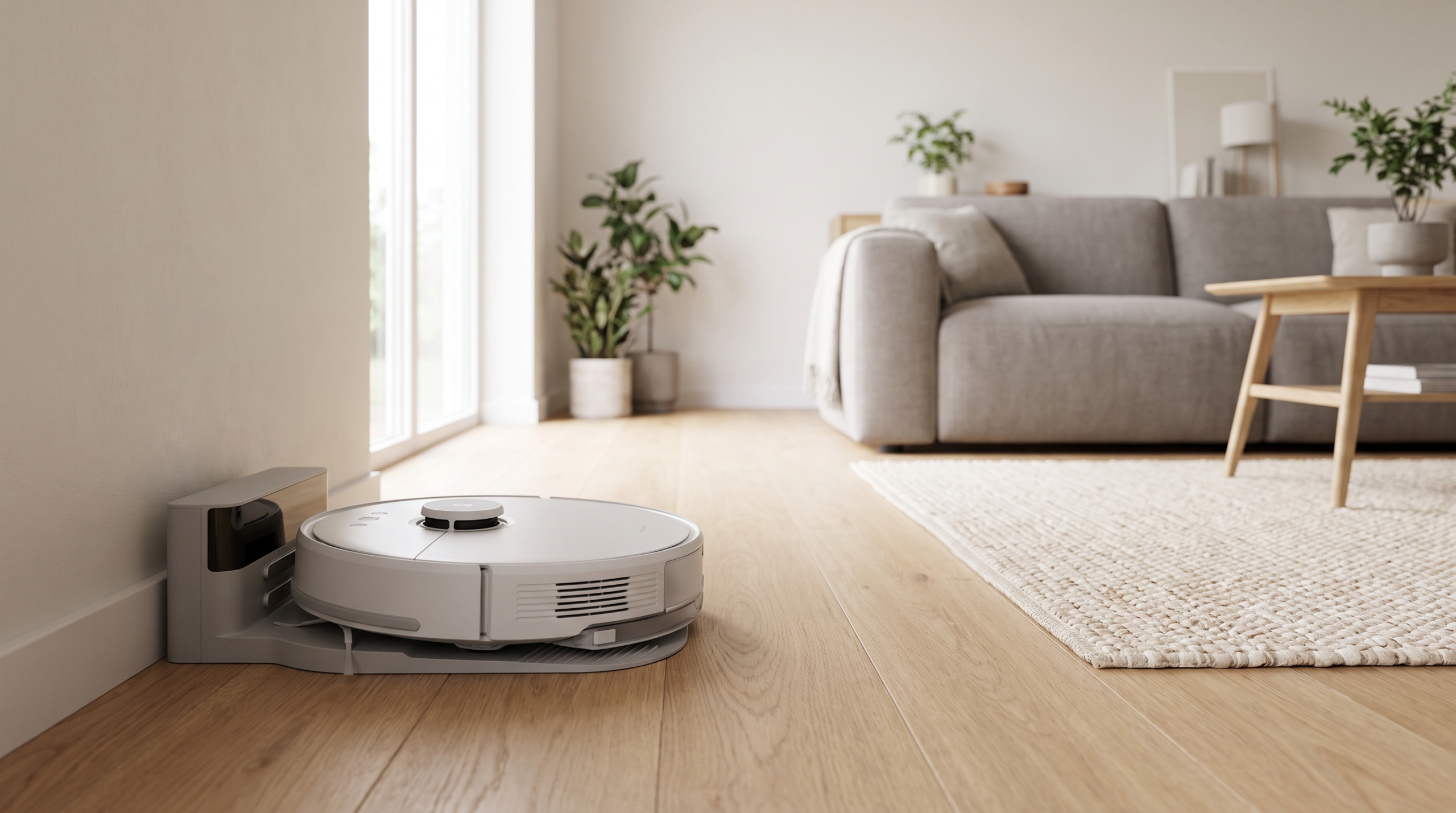 Robot vacuum docked at its charging station in a bright modern living room