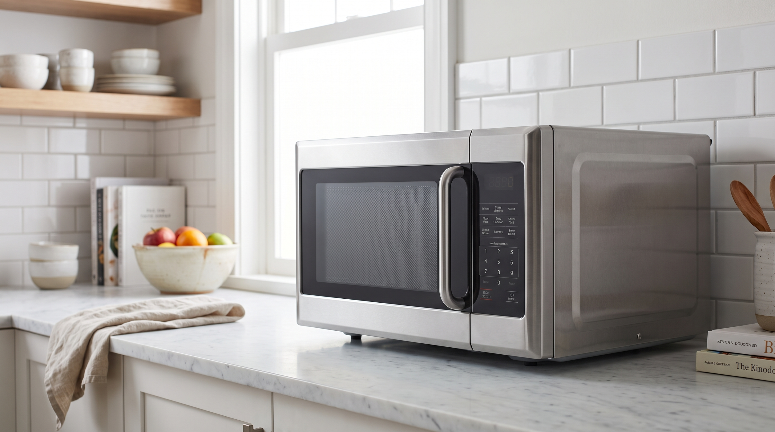 Stainless steel countertop microwave in a contemporary kitchen