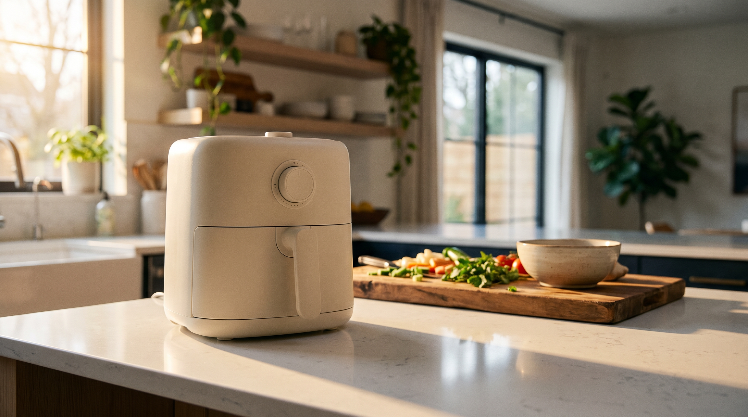 Countertop air fryer on a bright modern kitchen counter