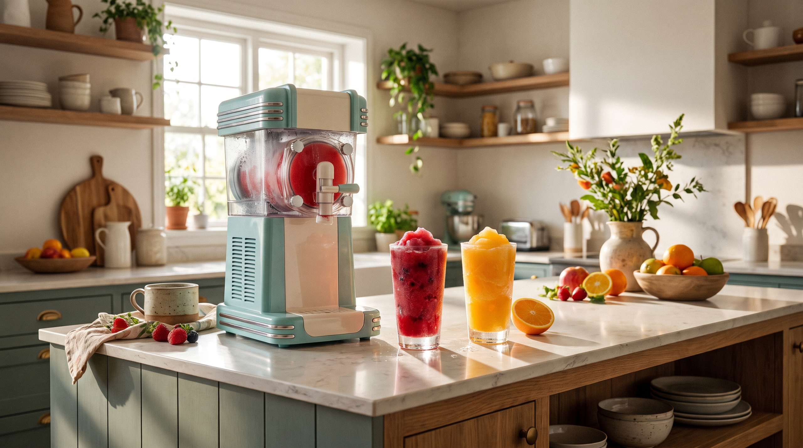 Frozen drink machine on a kitchen island with two glasses of slush