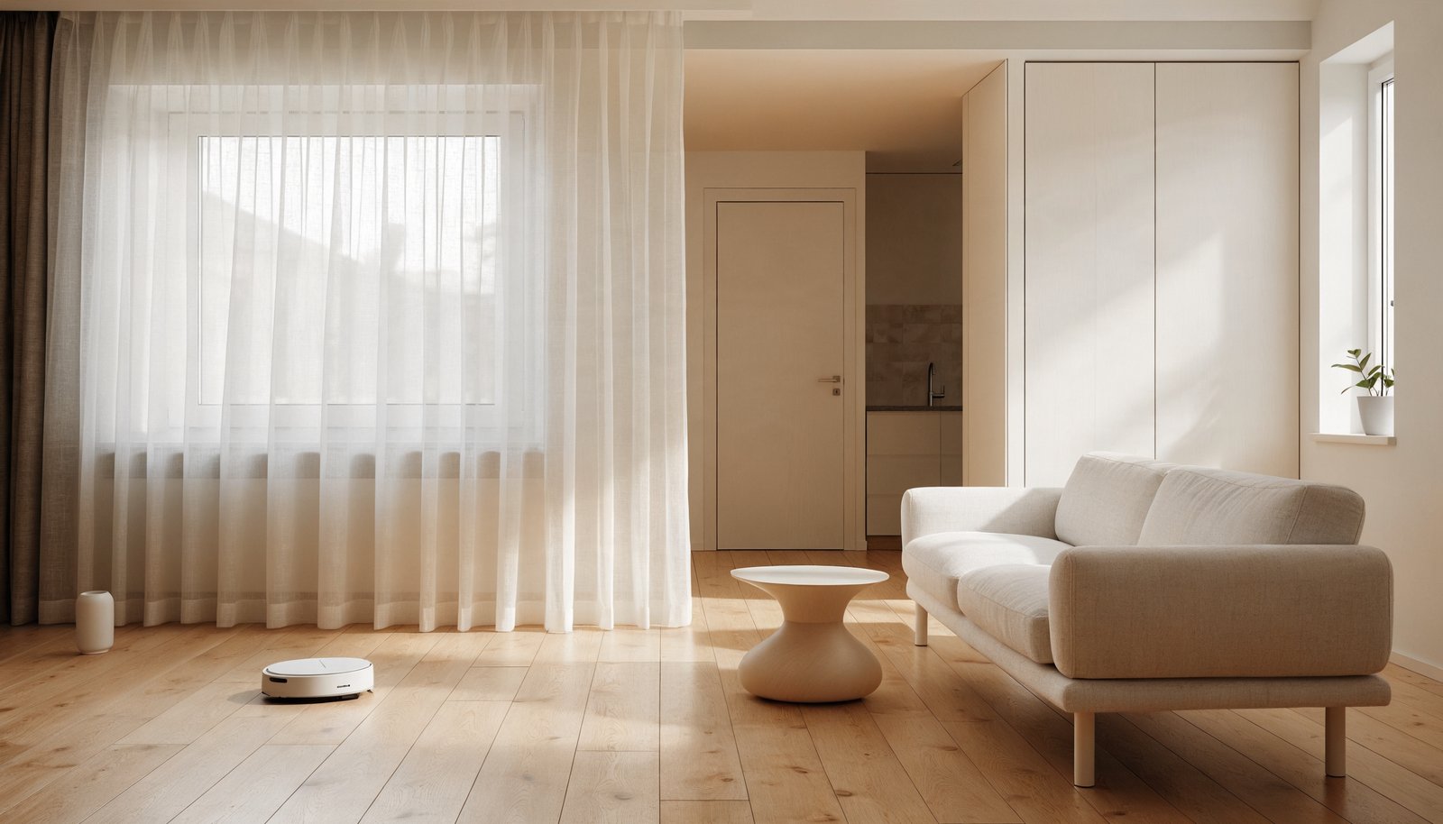 Robot vacuum on a light wood floor in a minimalist living room