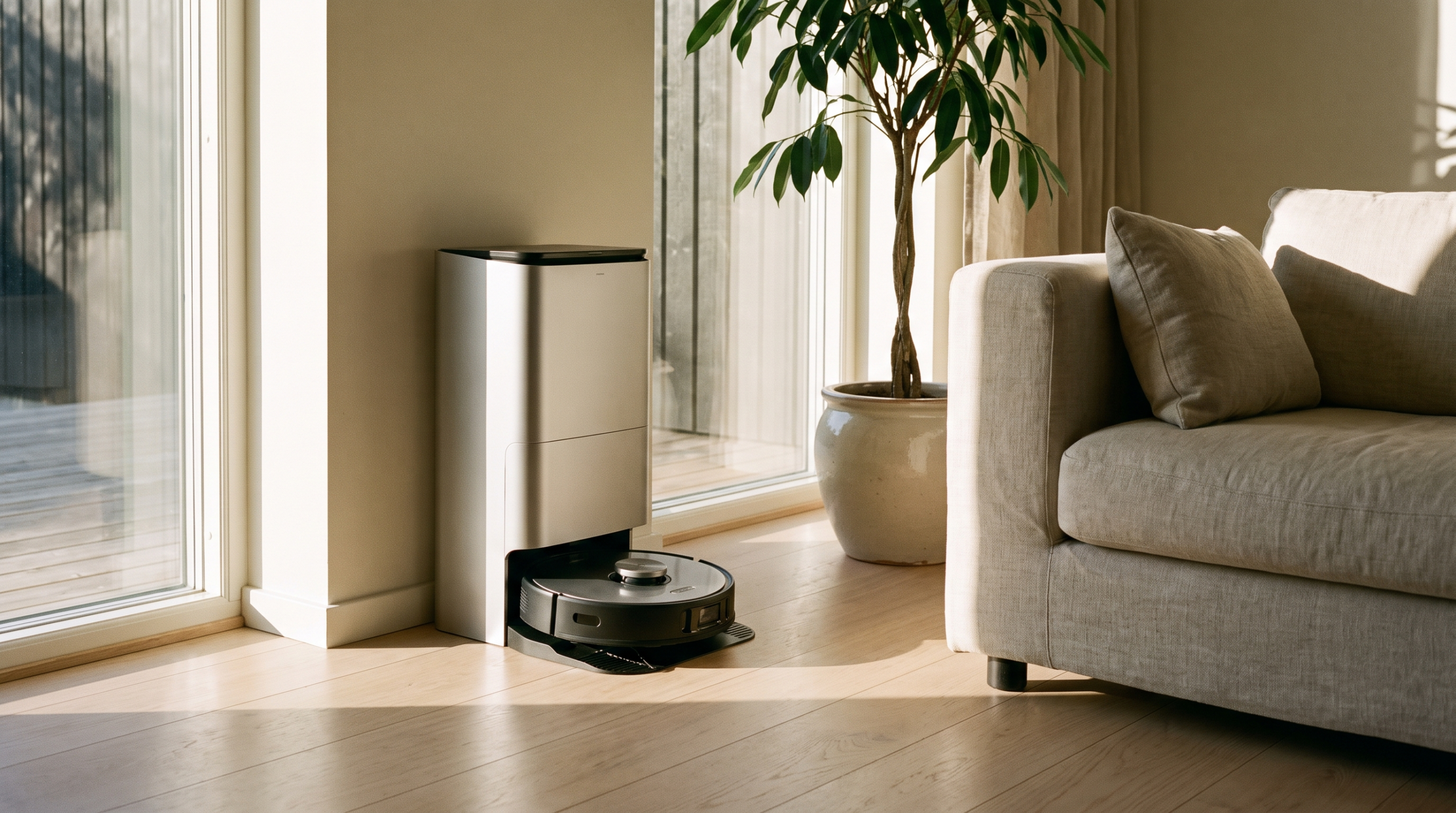 Robot vacuum with a tall multifunction dock beside a living room sofa