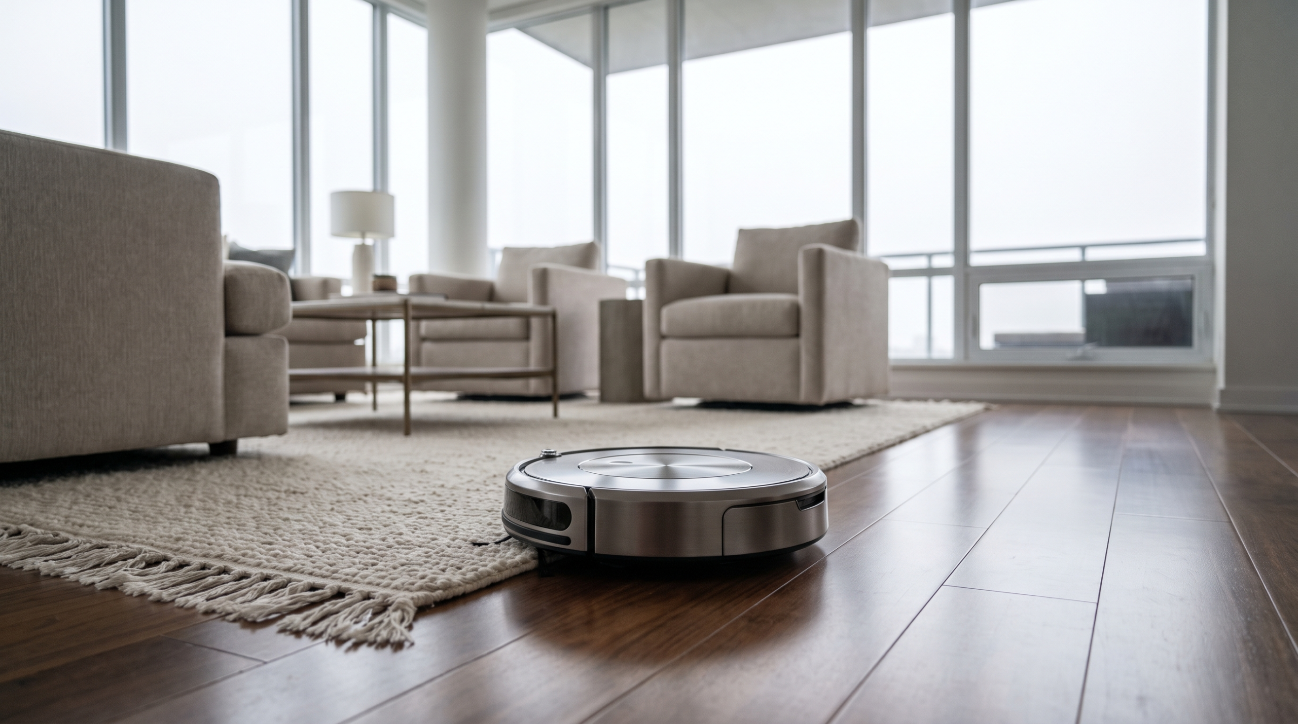 Premium robot vacuum cleaning along the edge of a rug in an open plan living room