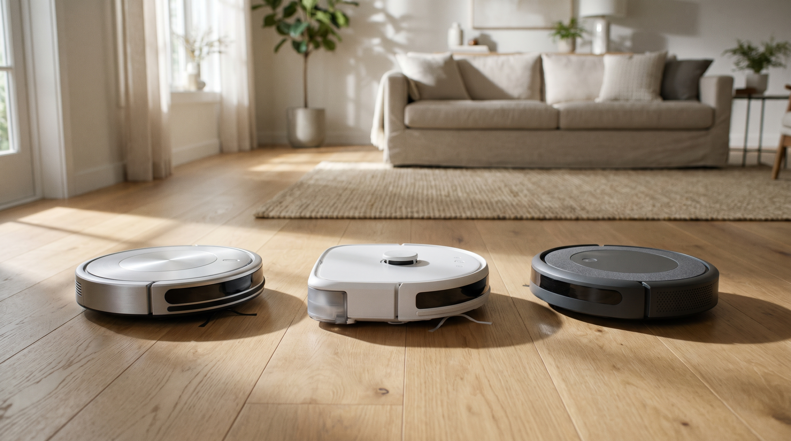 Three robot vacuums lined up on a hardwood floor in a bright living room