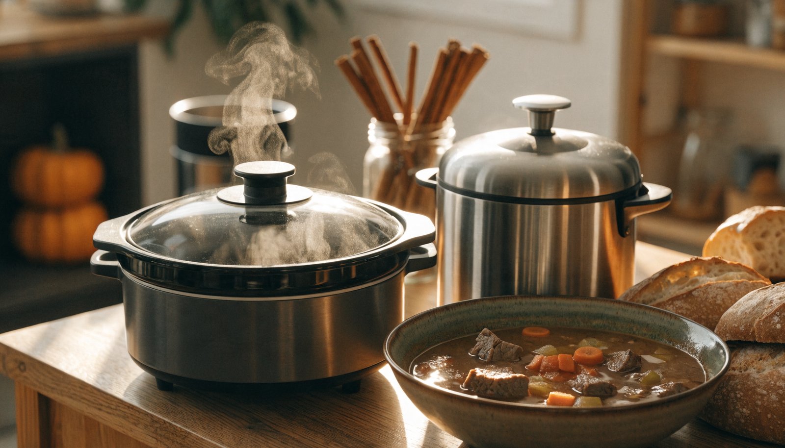 Slow cooker and Instant Pot side by side on a wooden counter with beef stew and bread in a cozy autumn kitchen
