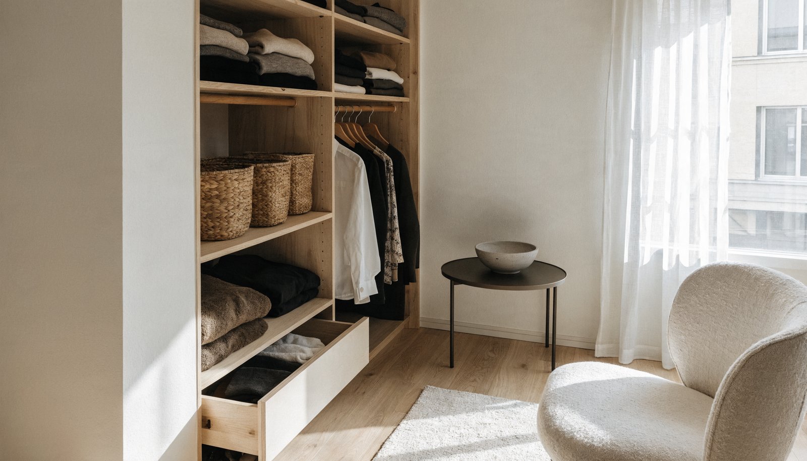 Neatly organized small apartment closet with folded clothes and storage baskets