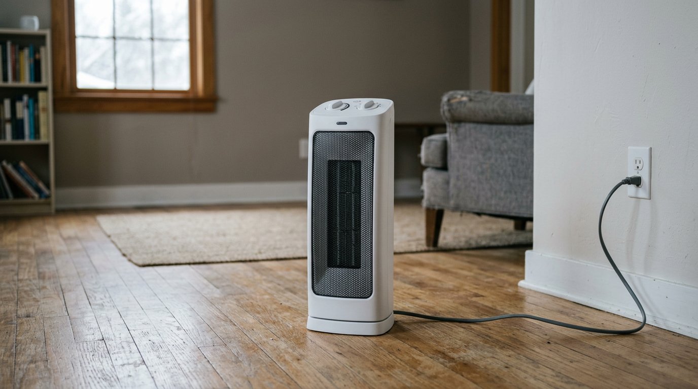 An unbranded white tower space heater on a wood floor with its cord plugged directly into a wall outlet