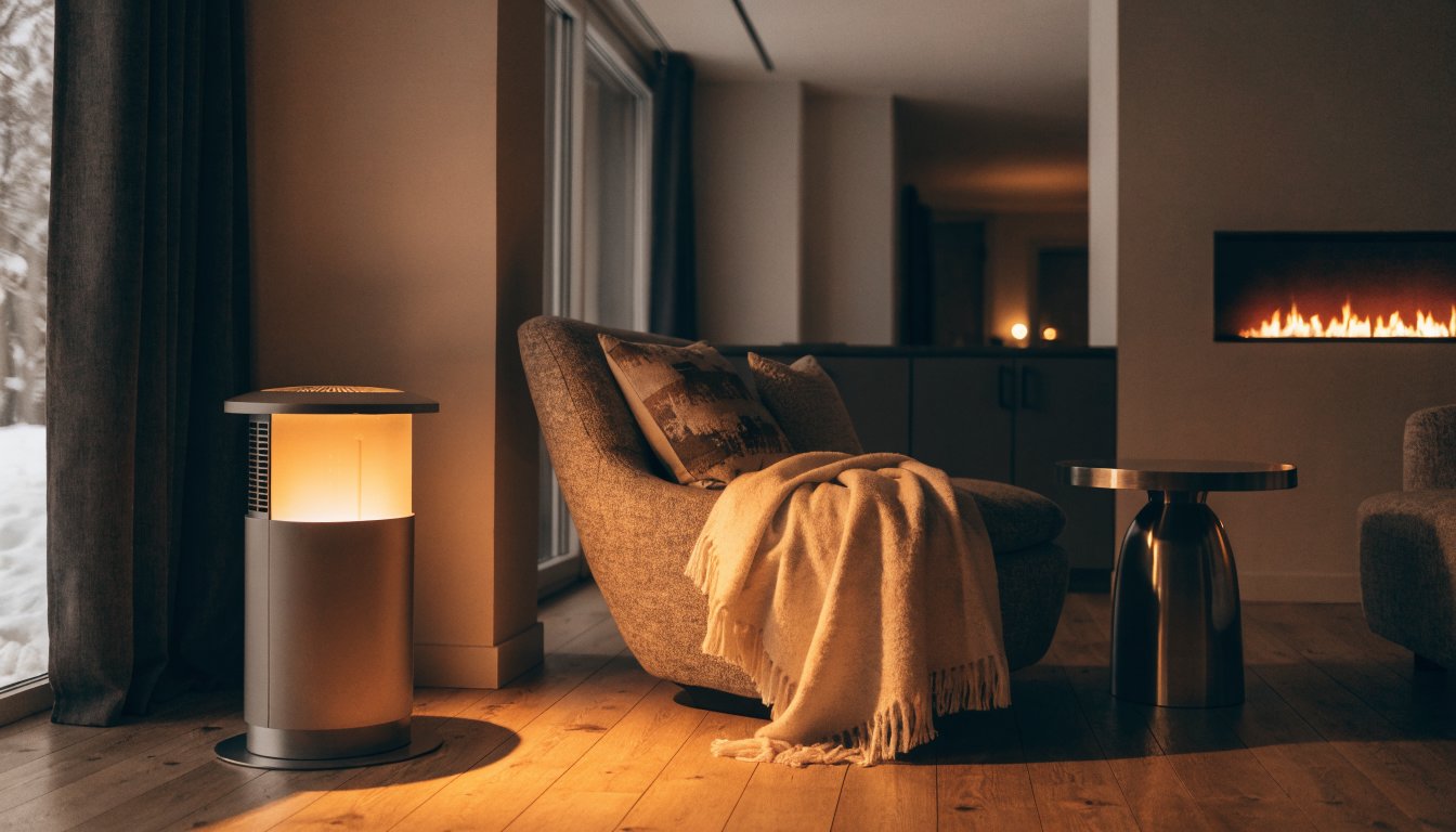 Space heater and electric fireplace in a cozy winter living room