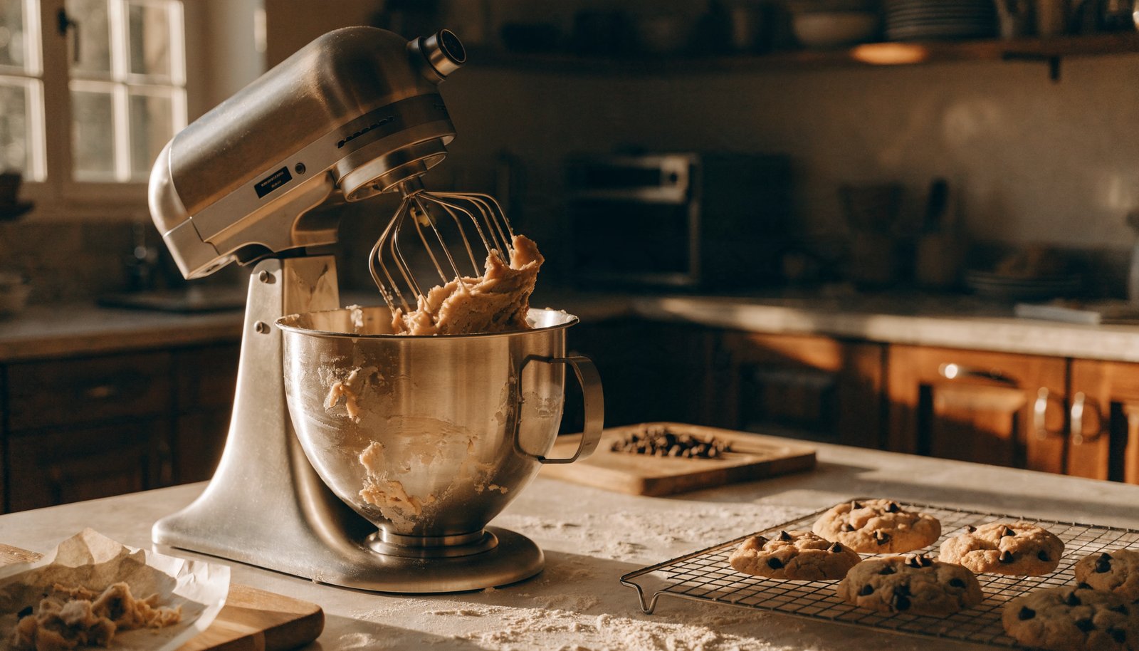 Stand mixer mixing cookie dough in a cozy home kitchen with fresh-baked cookies