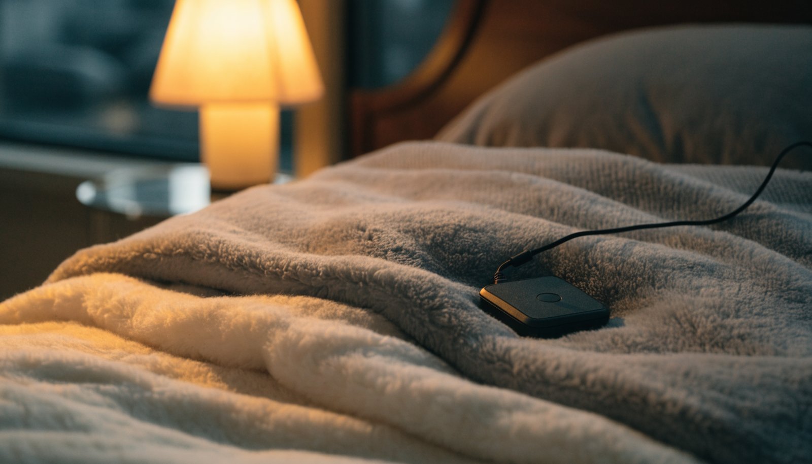 Plush heated blanket with a corded controller on a bed at night