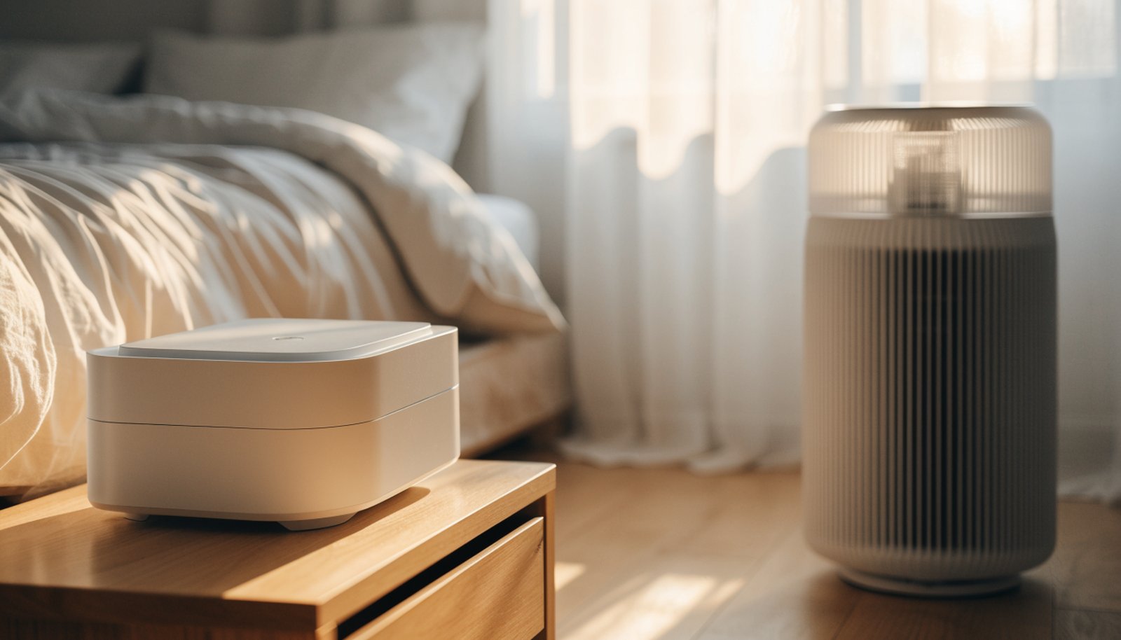 Compact air purifier on a nightstand beside a large floor unit