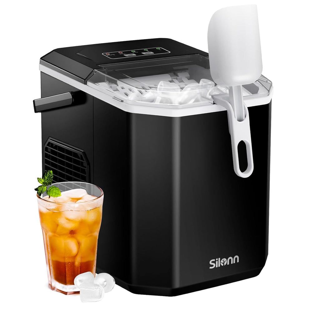 Black Silonn SLIM21B bullet ice maker with carrying handle, scoop and iced drink