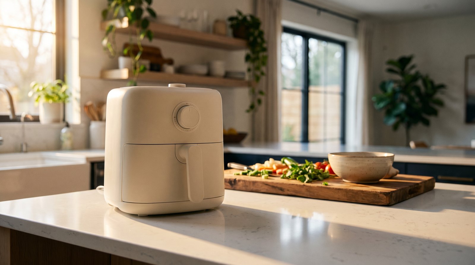 Countertop air fryer on a bright modern kitchen counter