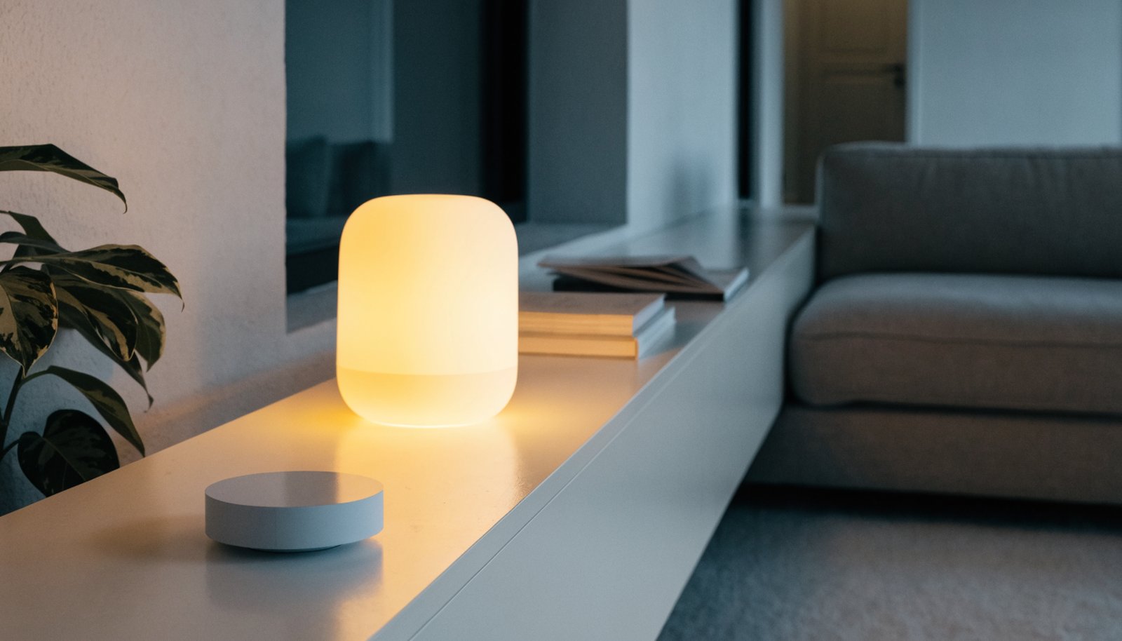 Smart home hub on a living room shelf at dusk