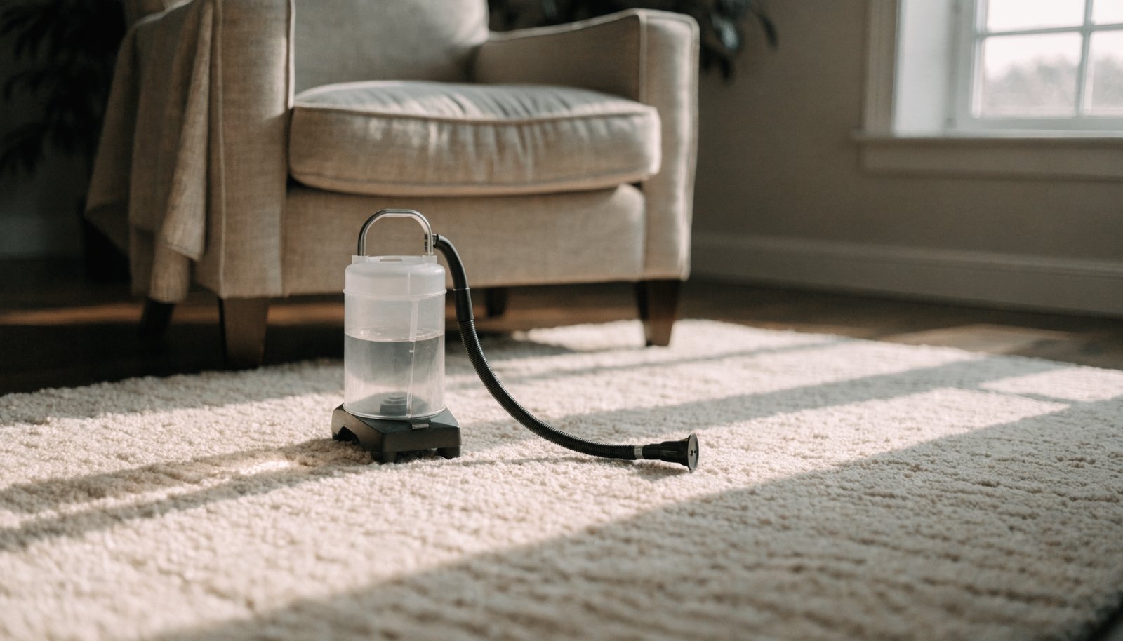 Small portable carpet spot cleaner with its hose on a cream rug beside an armchair