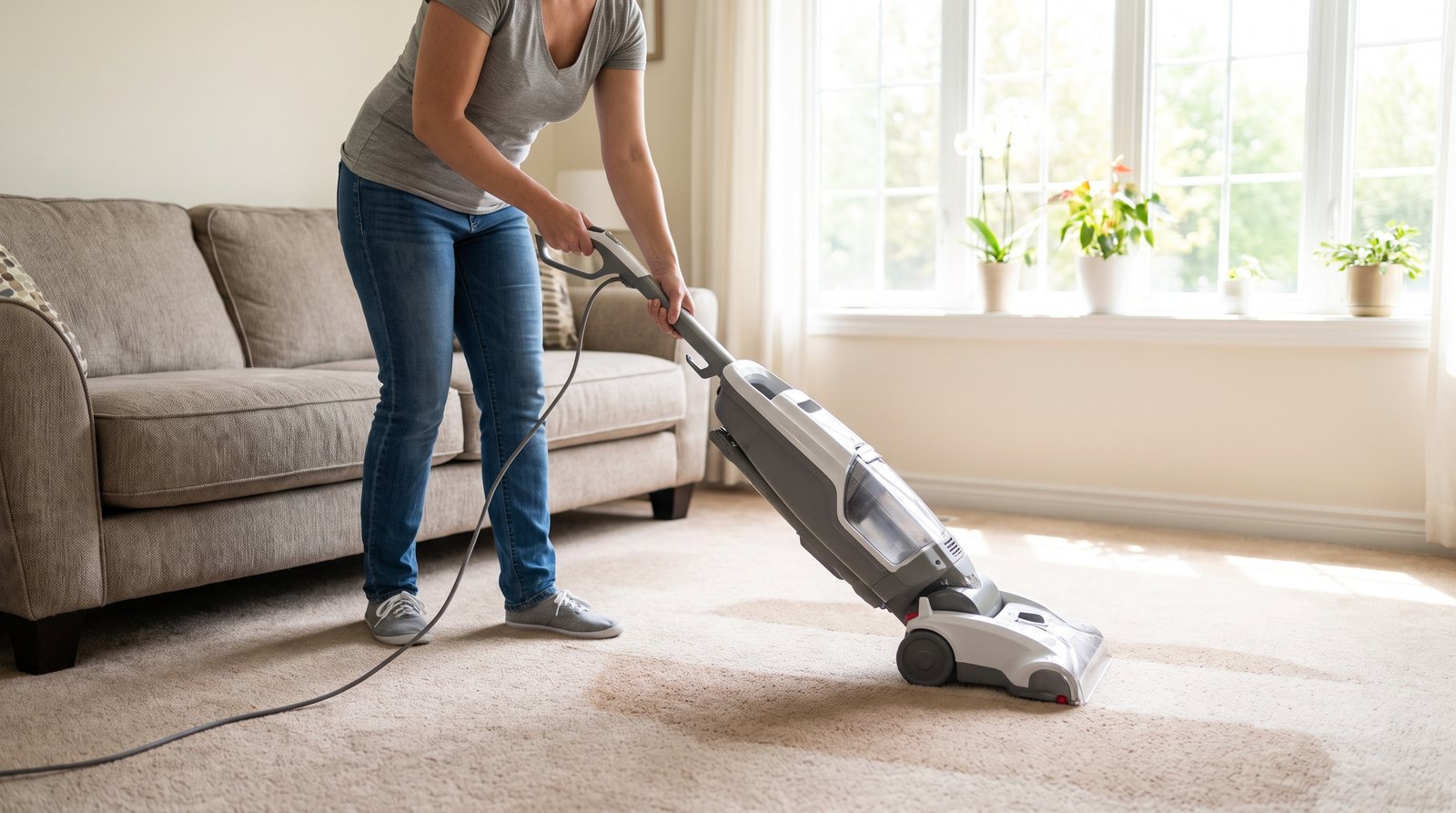 Person pushing an upright carpet cleaning machine across beige carpet, leaving a cleaned track