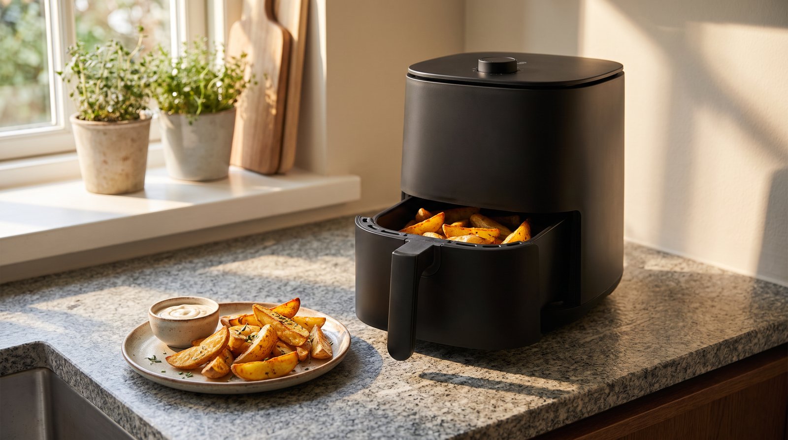 Compact air fryer on a kitchen counter with its basket open and potato wedges on a plate