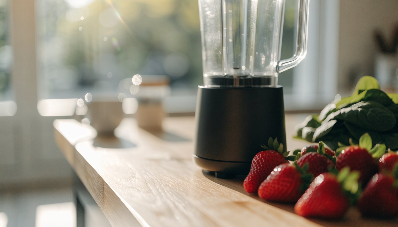 Countertop blender with a clear pitcher on a kitchen counter beside strawberries and spinach