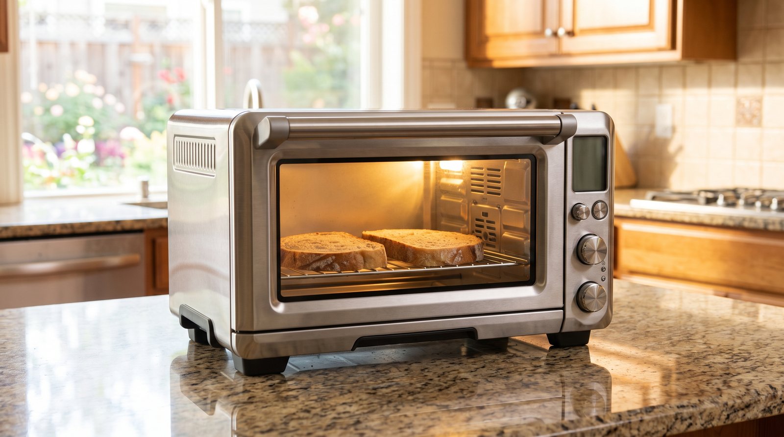 Stainless countertop toaster oven on a kitchen counter with two slices of bread toasting inside
