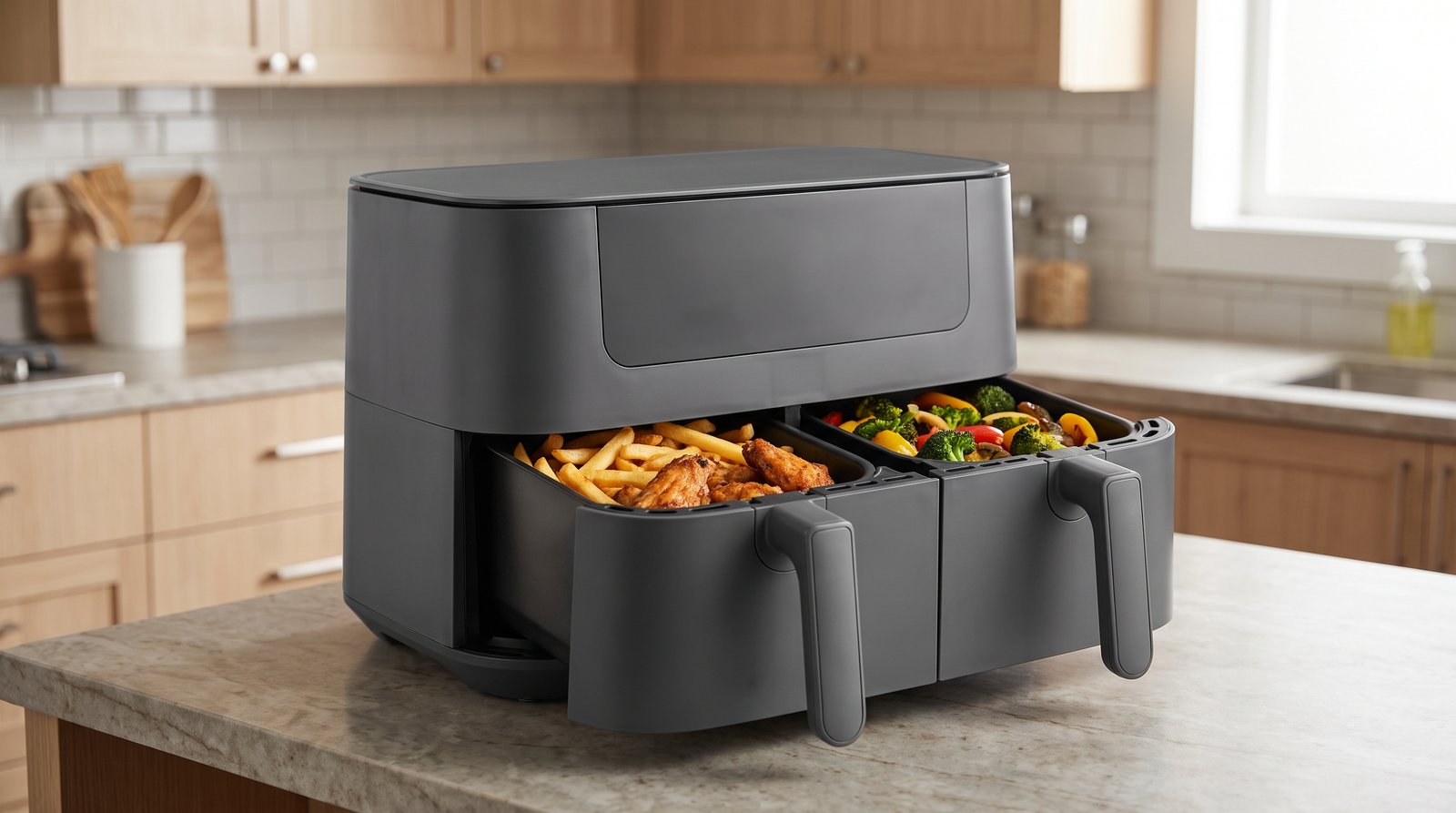 Two-basket air fryer on a kitchen counter with both drawers open, fries in one and vegetables in the other
