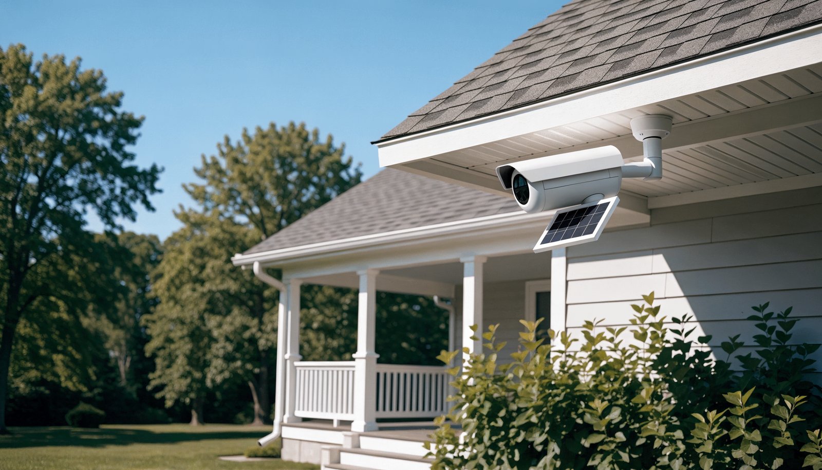 Outdoor security camera with a solar panel mounted under the eave of a house above a porch